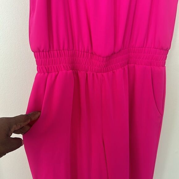 Amanda Uprichard Sateen Smocked Waist Square Neck Ruched Leg Jumpsuit Hot Pink M - Picture 4 of 9